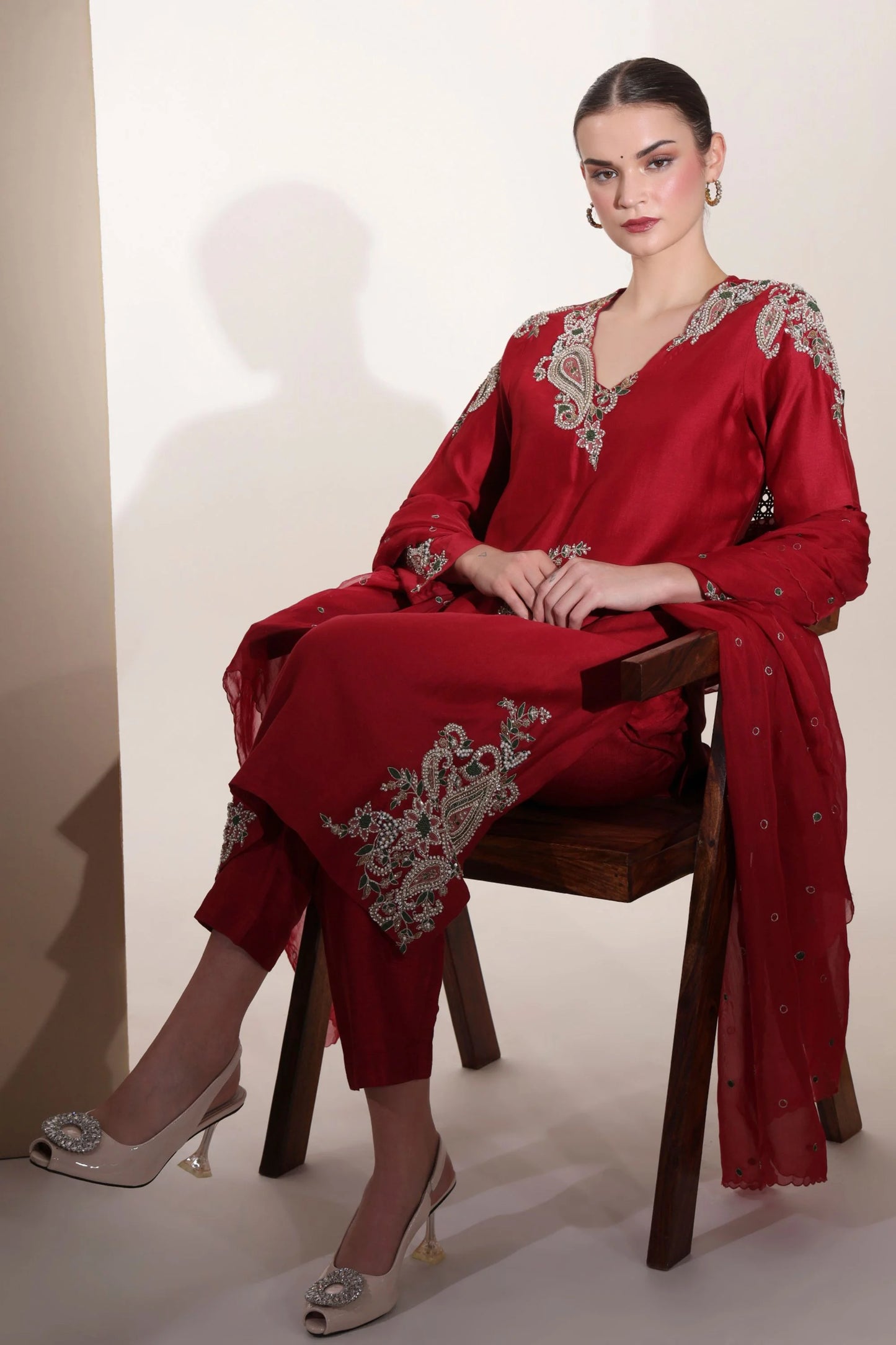 Red Pure Chanderi Silk Kurta Set With Hand Embroidery