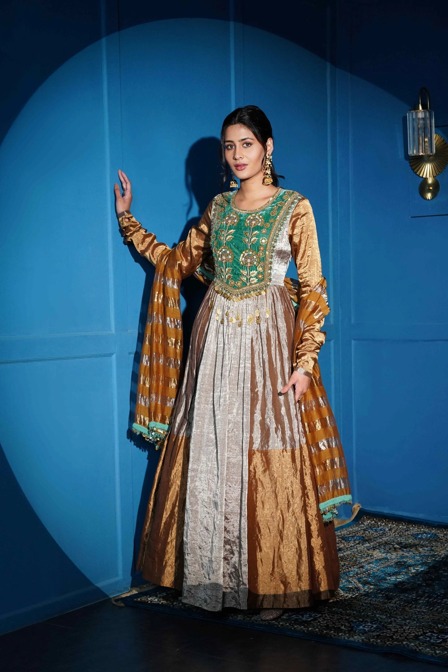 Pure Silk Gold, Silver And Green Anarkali With Zardozi Handwork