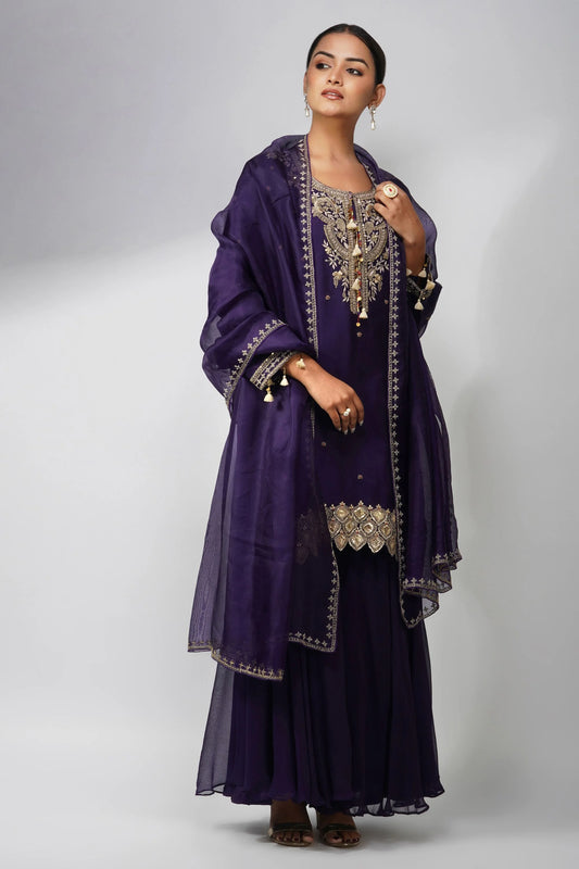 Pure Organza Purple Kurta Set With Zardozi Handwork
