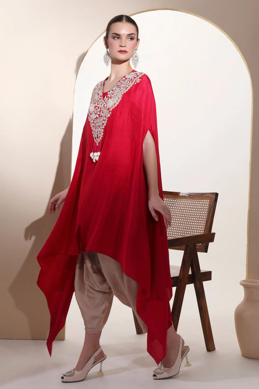 Red Pure Silk Kaftan Set With Zardozi Handwork,satin Harem Pants And Shell Hangings