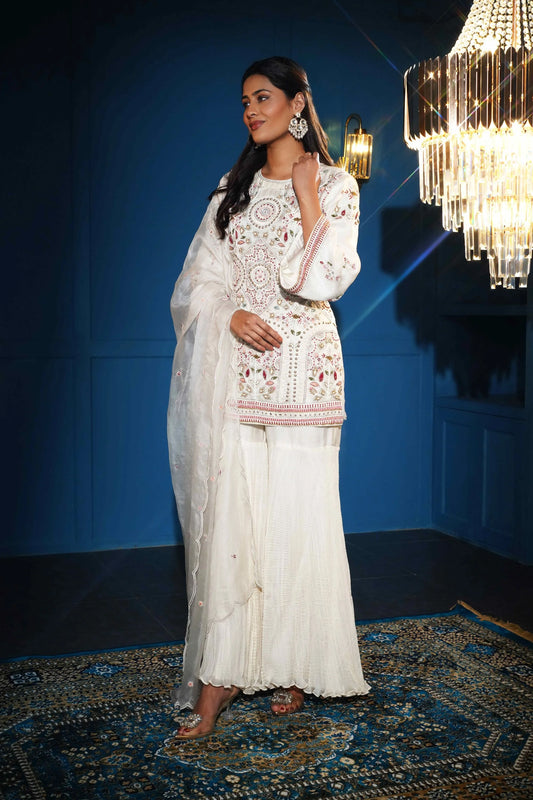 Ivory Organza Kurta Set With Crush Silk Sharara