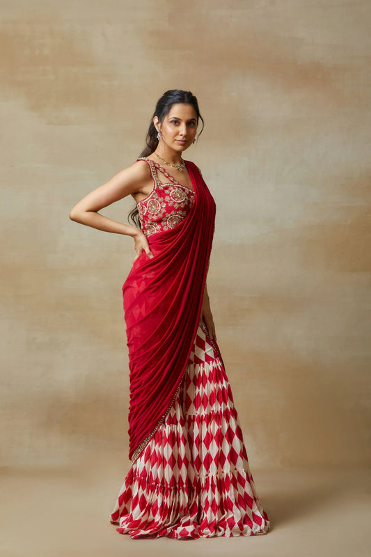 Red Sharara Saree With Intricate Handwork