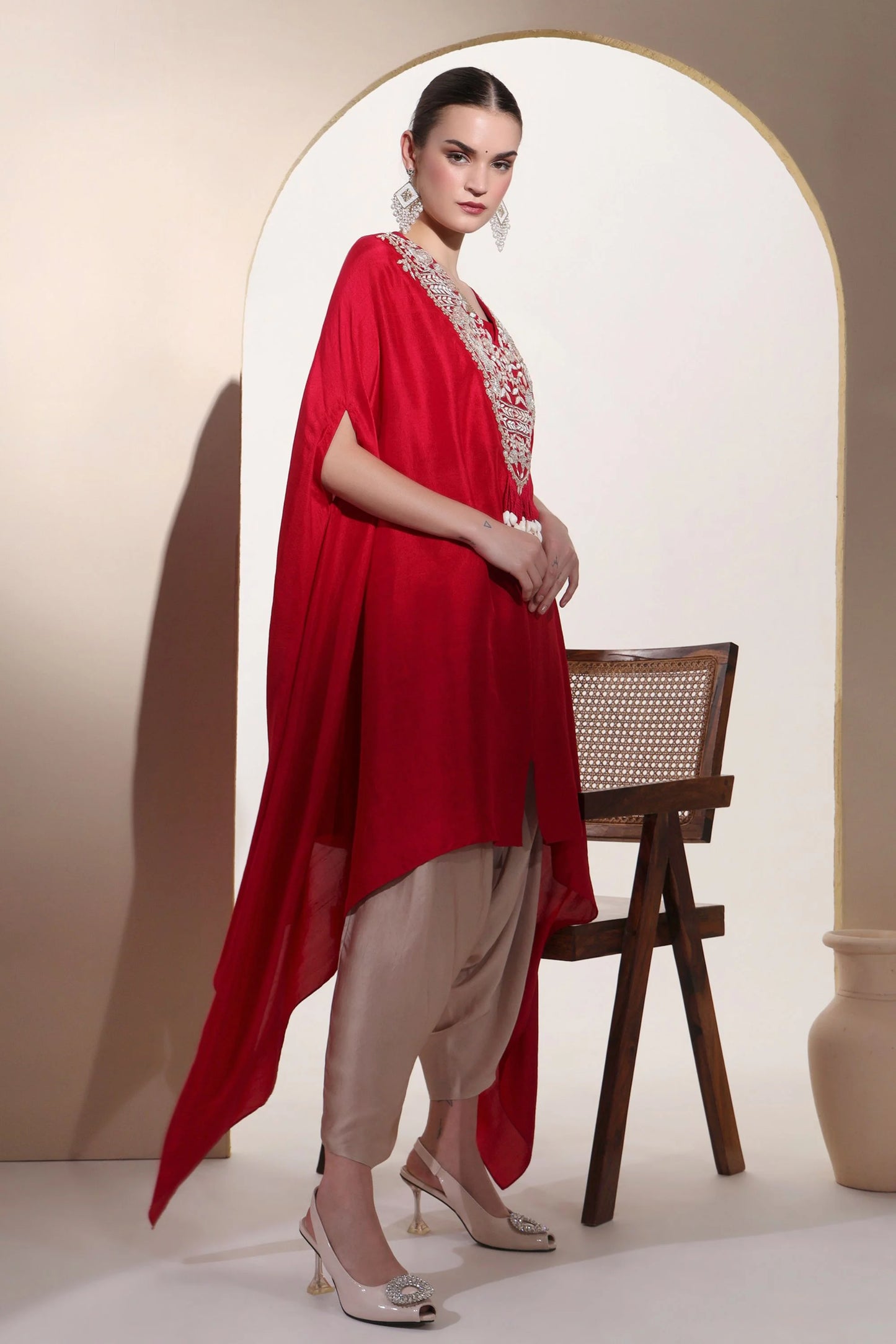 Red Pure Silk Kaftan Set With Zardozi Handwork,satin Harem Pants And Shell Hangings