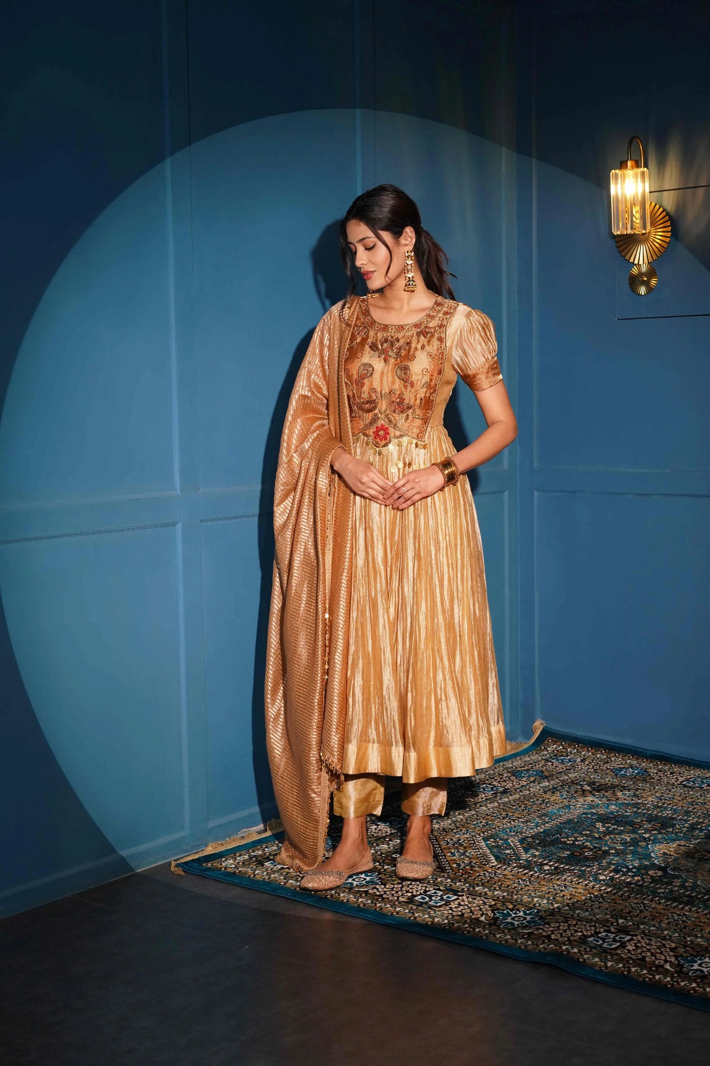 A Chic Short Anarkali In Tissue Fabric With Gold Stripes And Zardozi Handwork