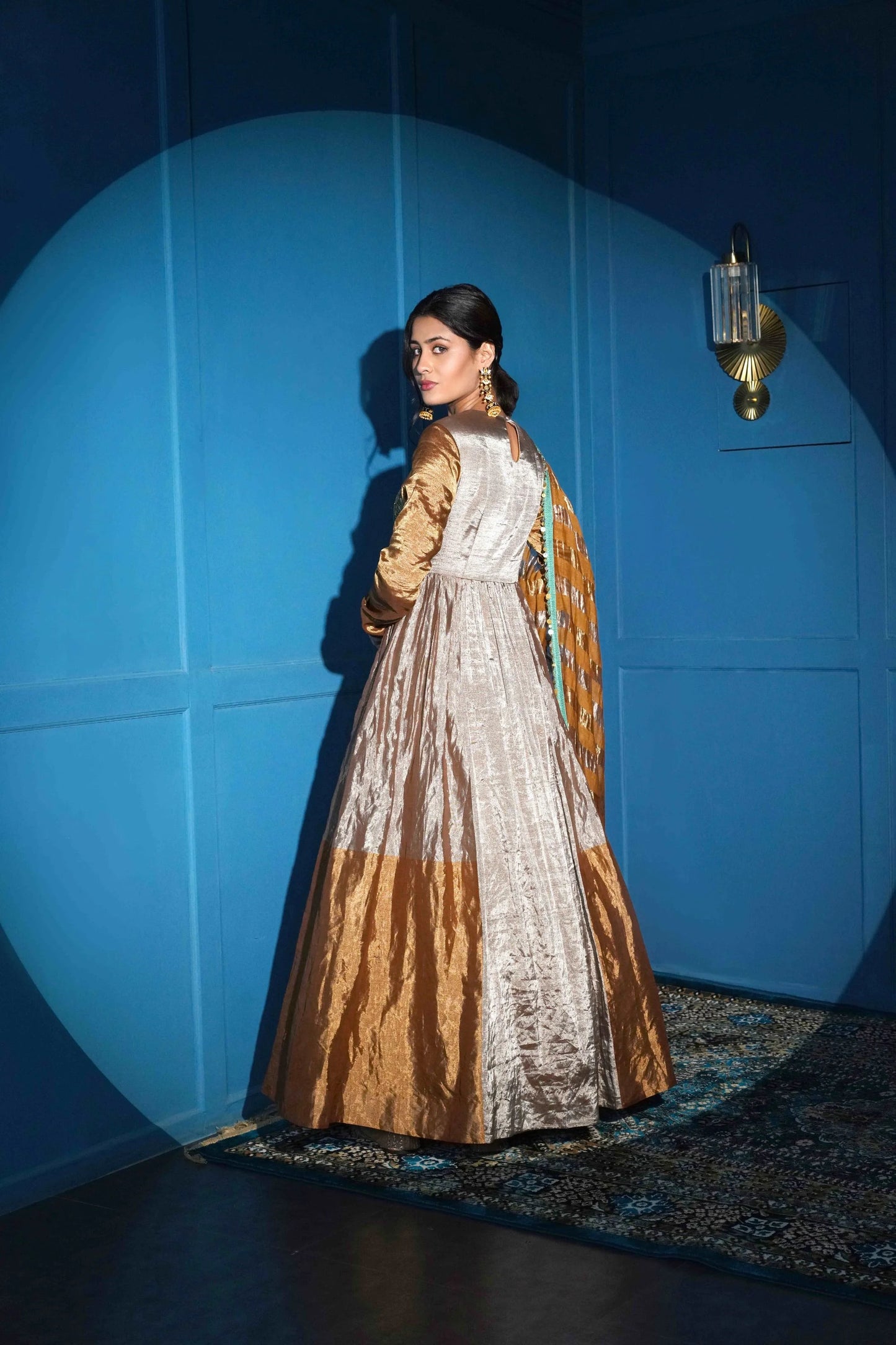 Pure Silk Gold, Silver And Green Anarkali With Zardozi Handwork