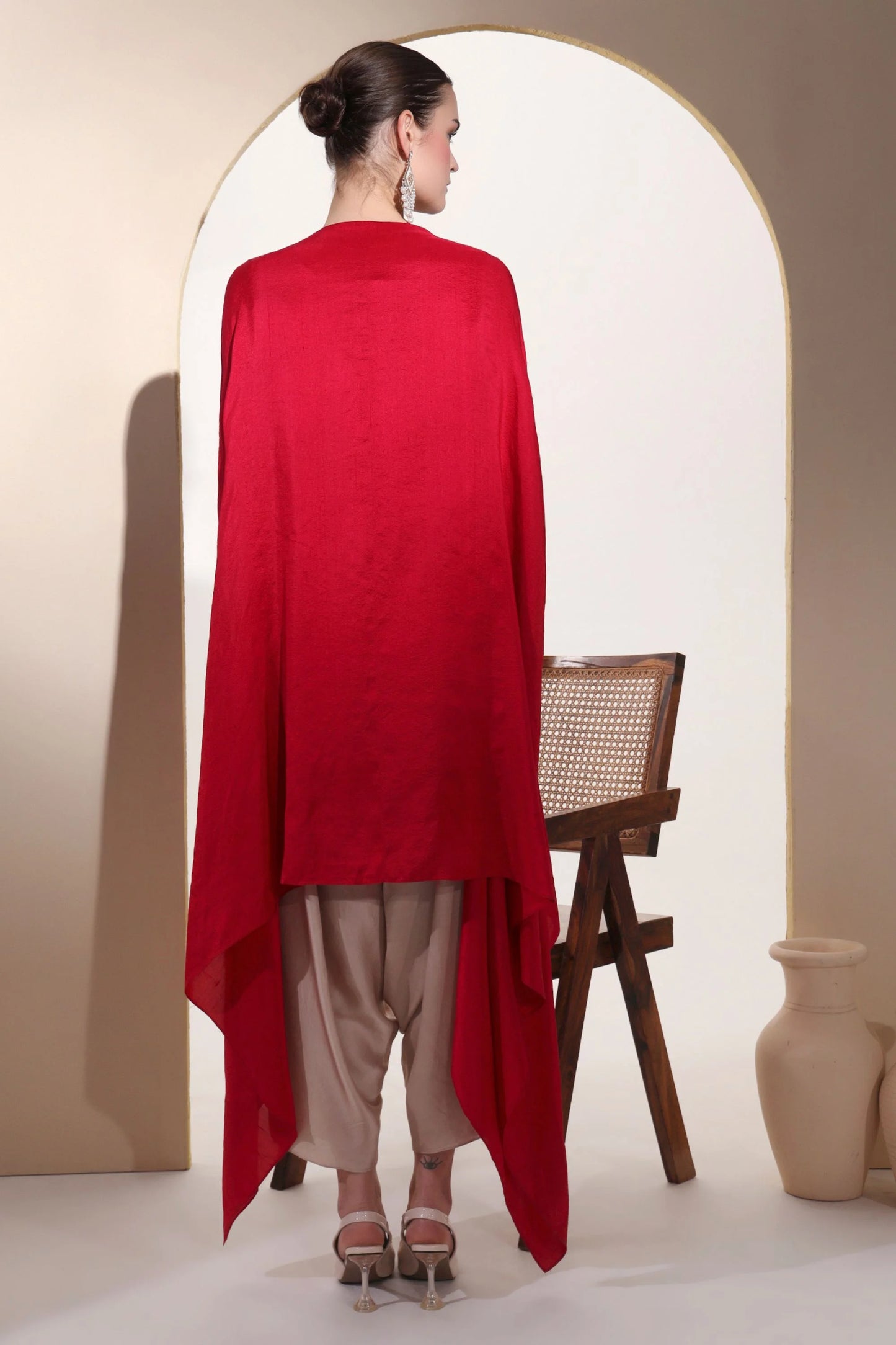 Red Pure Silk Kaftan Set With Zardozi Handwork,satin Harem Pants And Shell Hangings