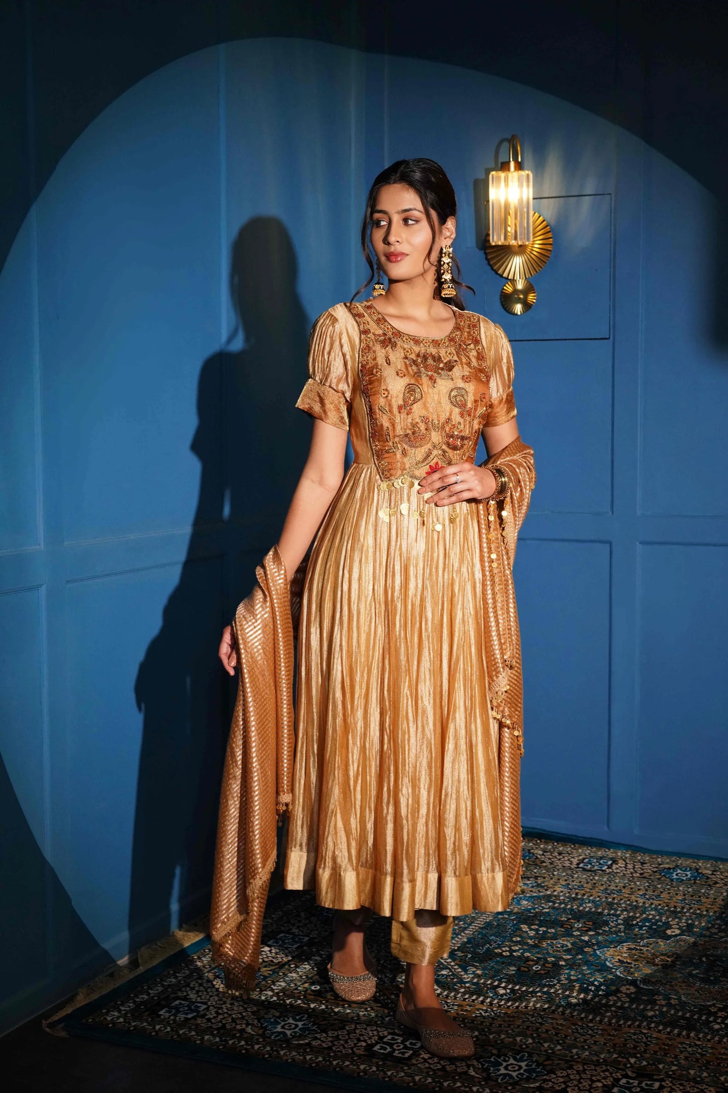 A Chic Short Anarkali In Tissue Fabric With Gold Stripes And Zardozi Handwork