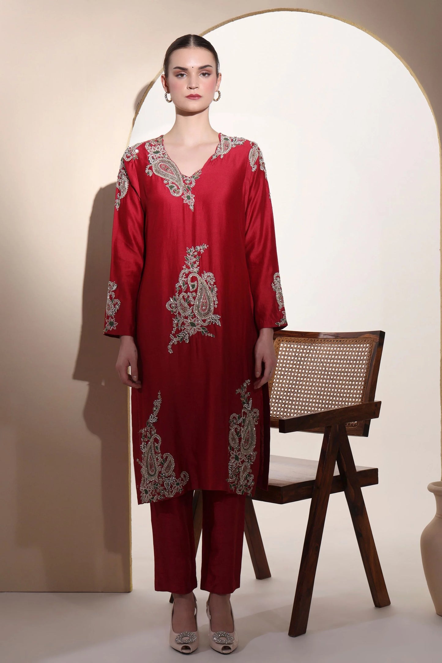 Red Pure Chanderi Silk Kurta Set With Hand Embroidery