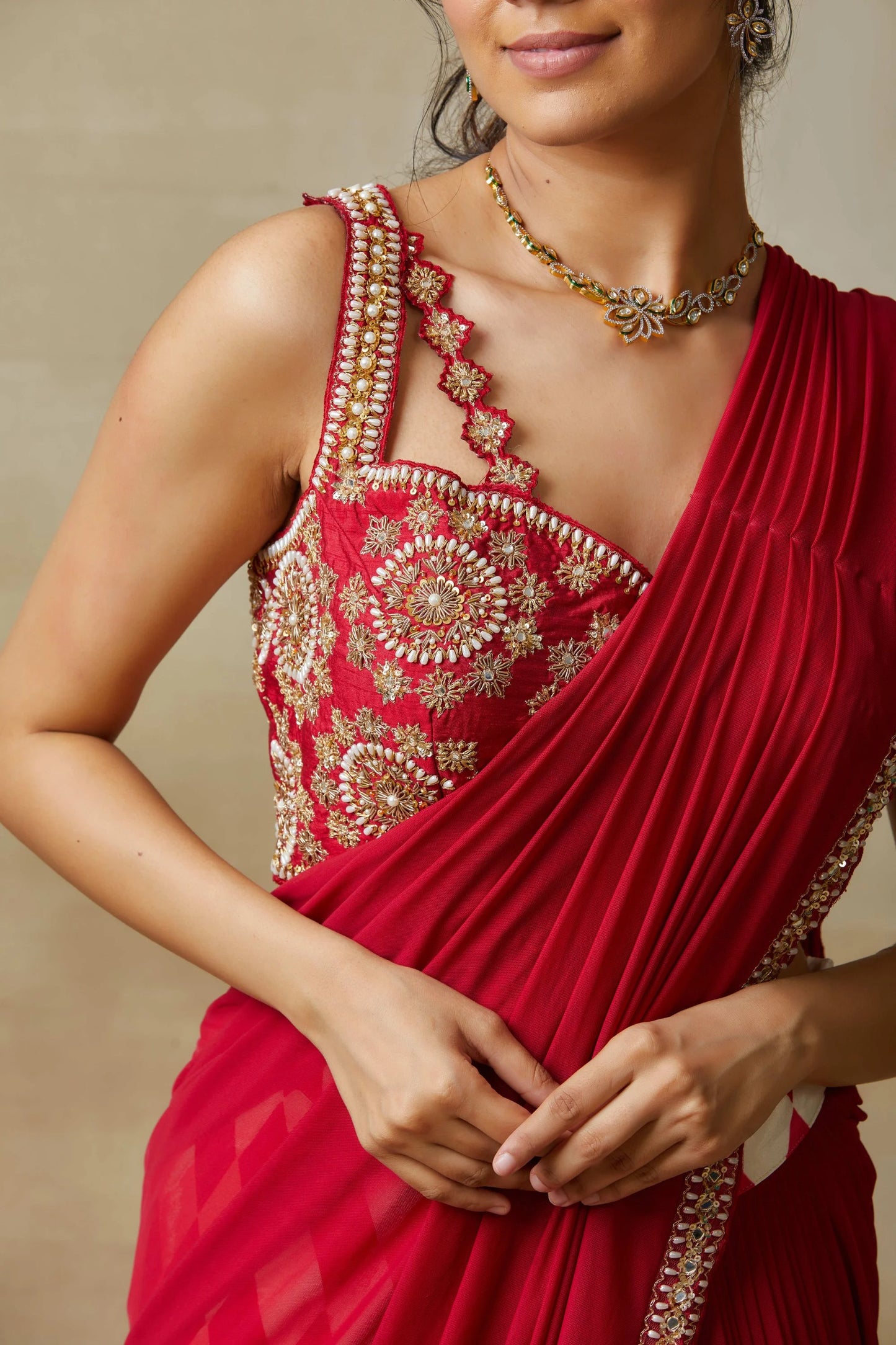 Red Sharara Saree With Intricate Handwork
