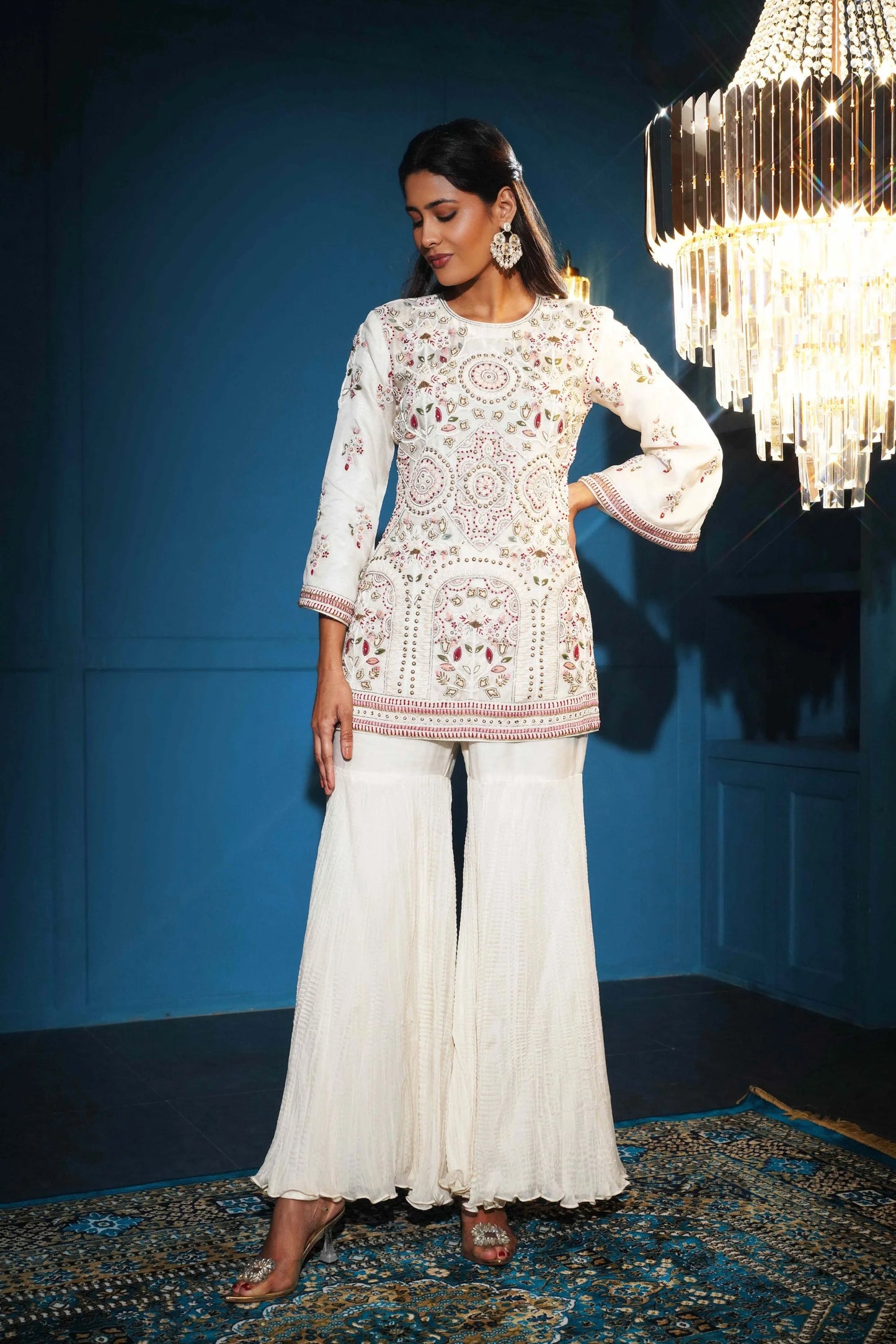 Ivory Organza Kurta Set With Crush Silk Sharara