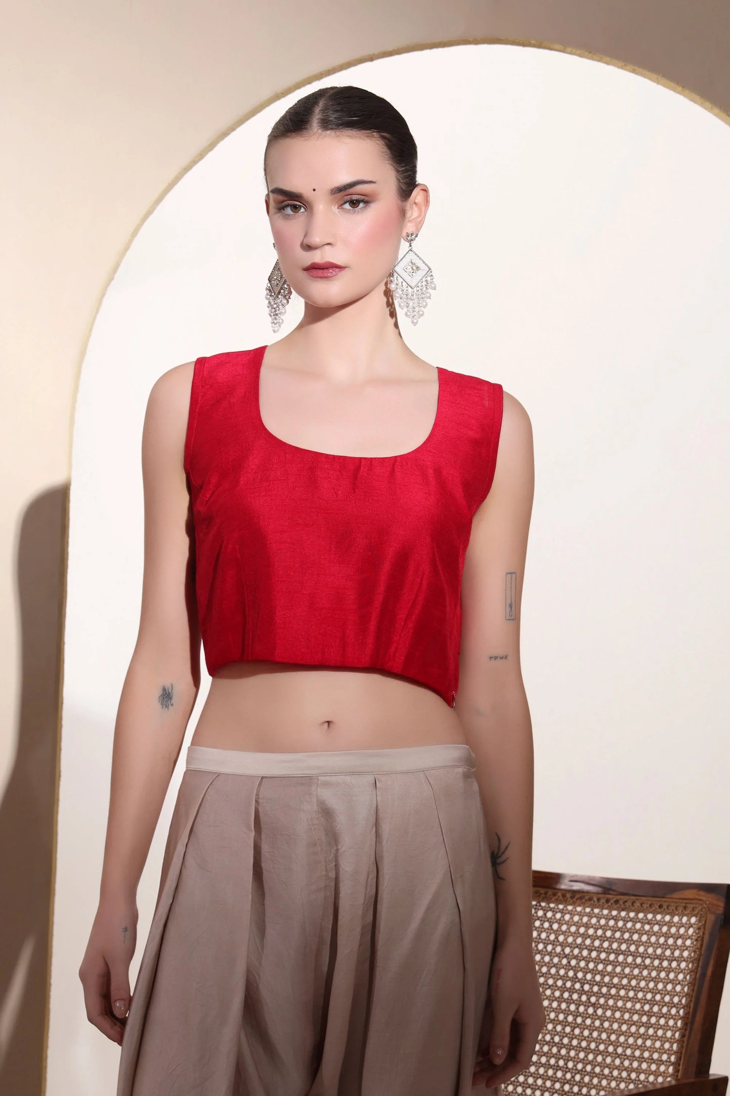 Red Pure Silk Kaftan Set With Zardozi Handwork,satin Harem Pants And Shell Hangings