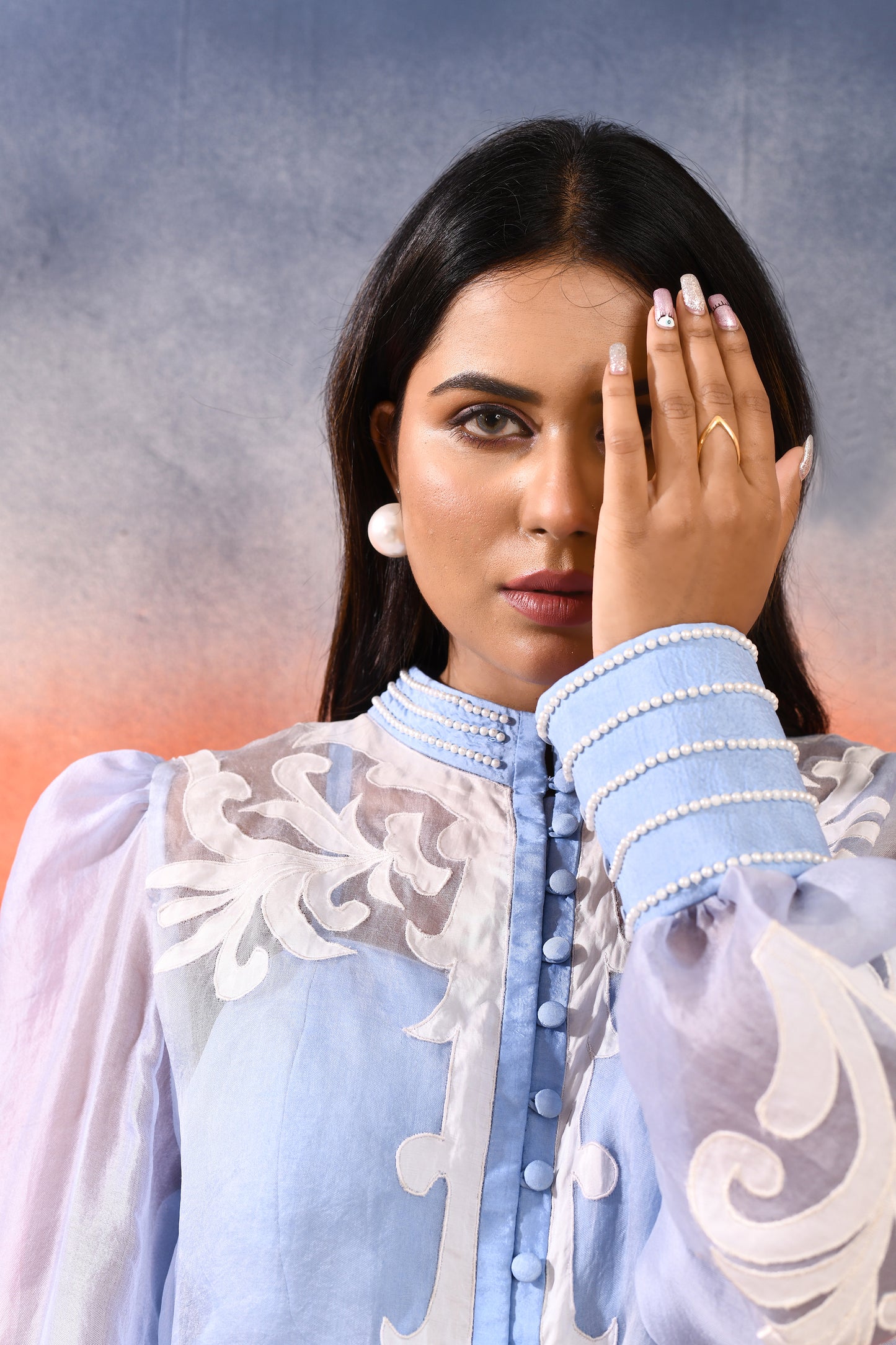 Sky Blue Organza co ord set with applique work