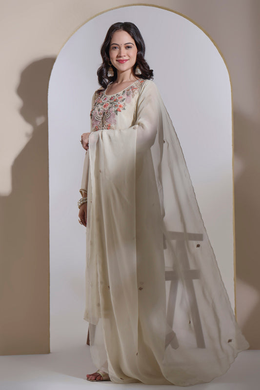 Cream Organza Kurta Set with Hand embroidery