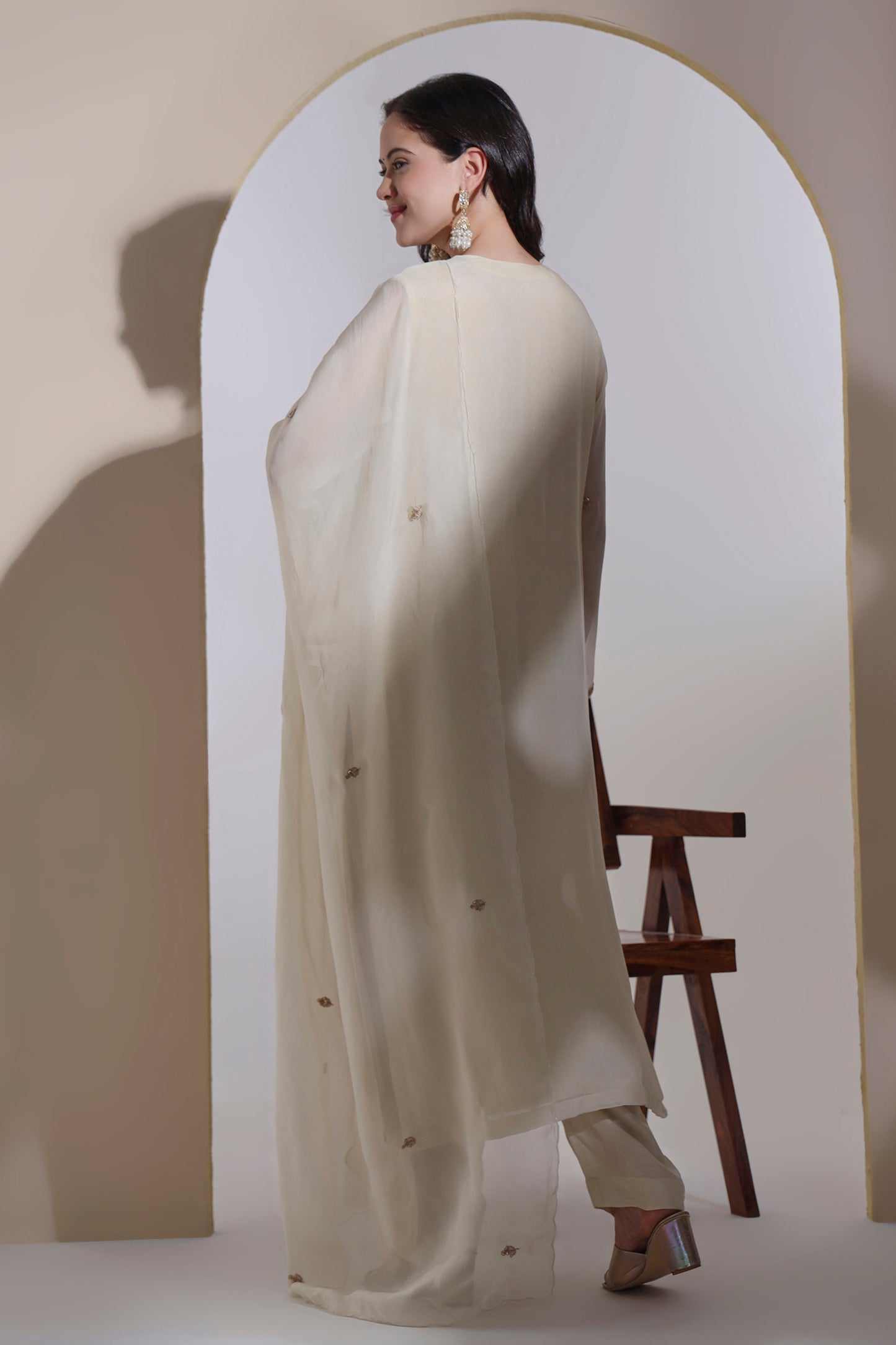 Cream Organza Kurta Set with Hand embroidery