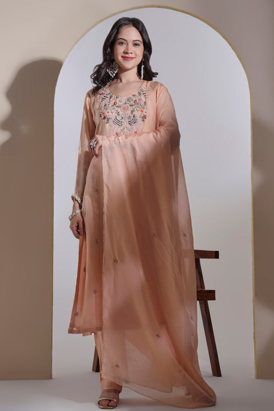 Peach Organza Kurta Set with Hand embroidery