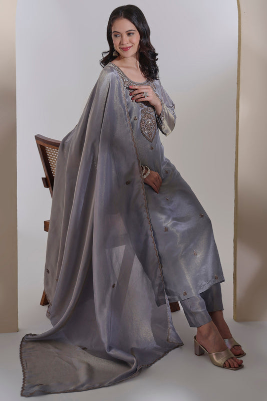 Tissue Kurta set with zardozi hand embroidery