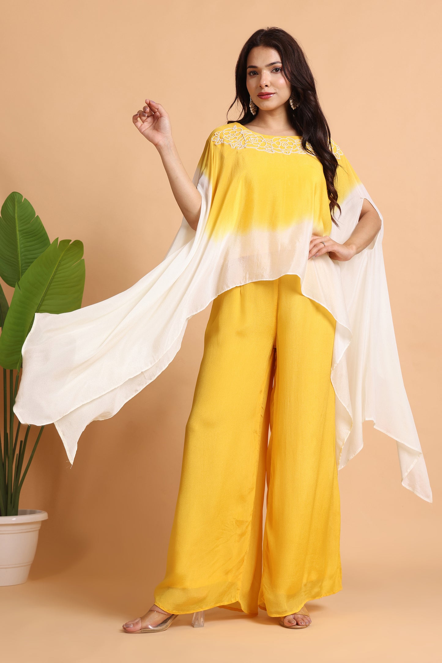 Yellow Chiffon Cape set with hand embroidery