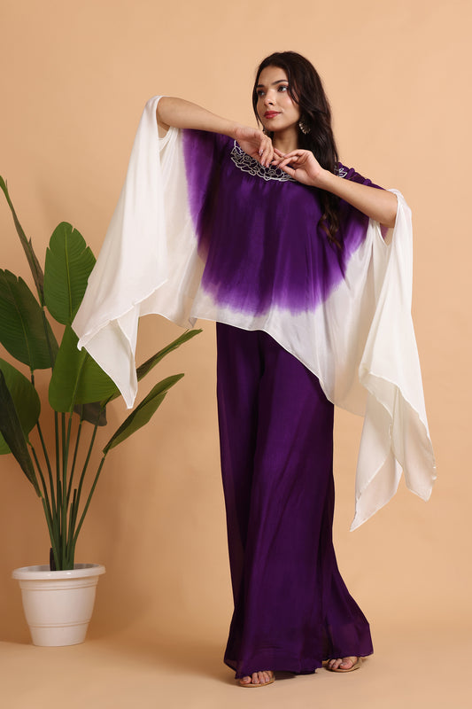 Purple chiffon Cape set with hand embroidery