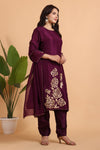 Wine silk Kurta set with floral embroidery