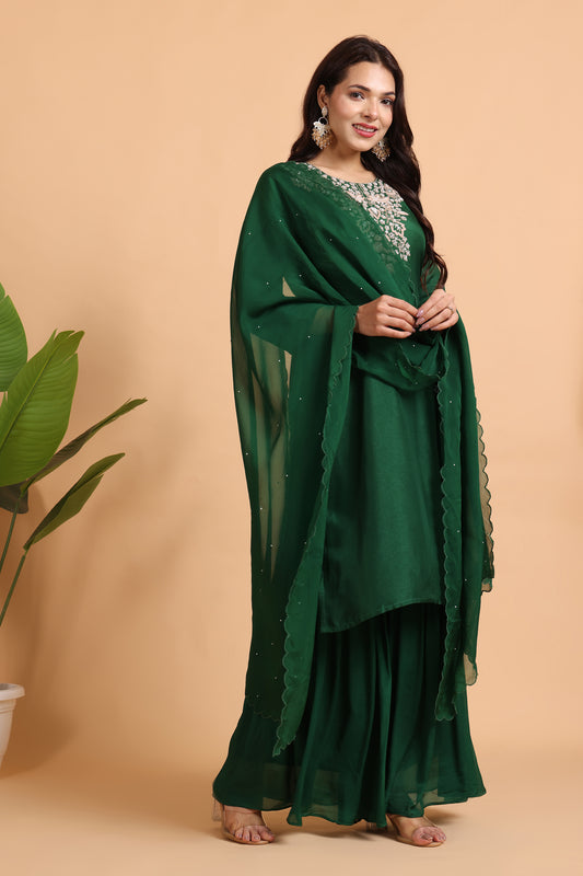 Green Silk sharara set with hand embroidery