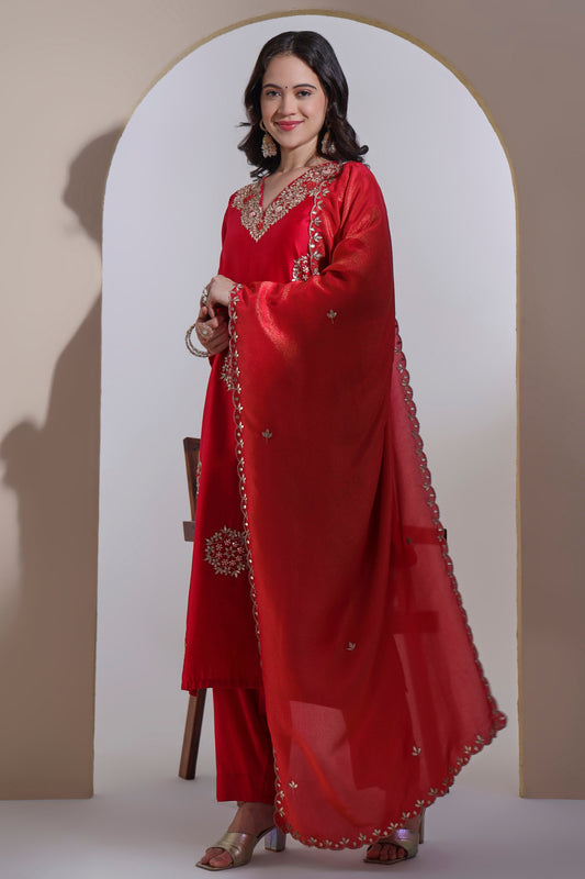 Red Chanderi Kurta Set with Hand embroidery