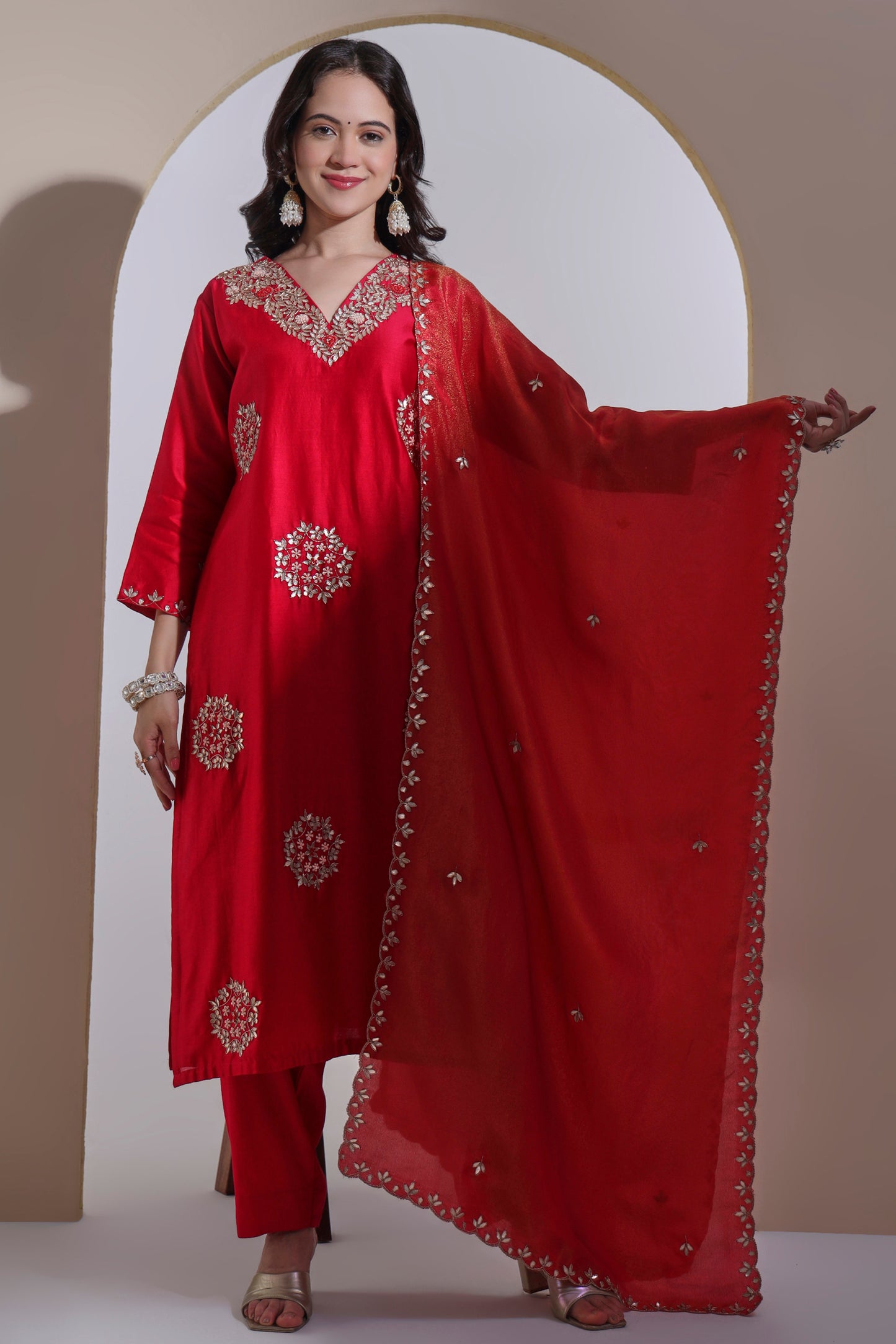 Red Chanderi Kurta Set with Hand embroidery