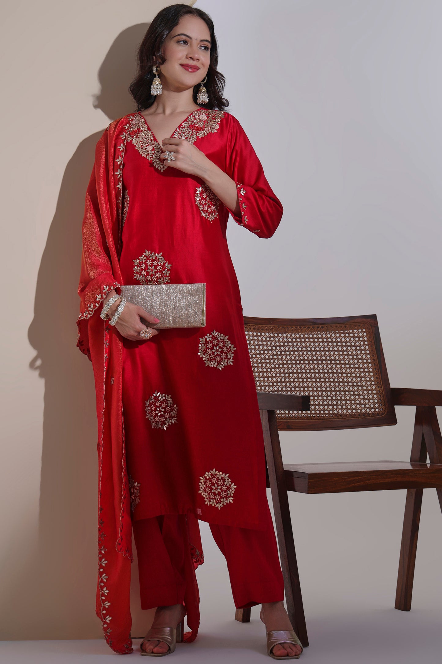 Red Chanderi Kurta Set with Hand embroidery