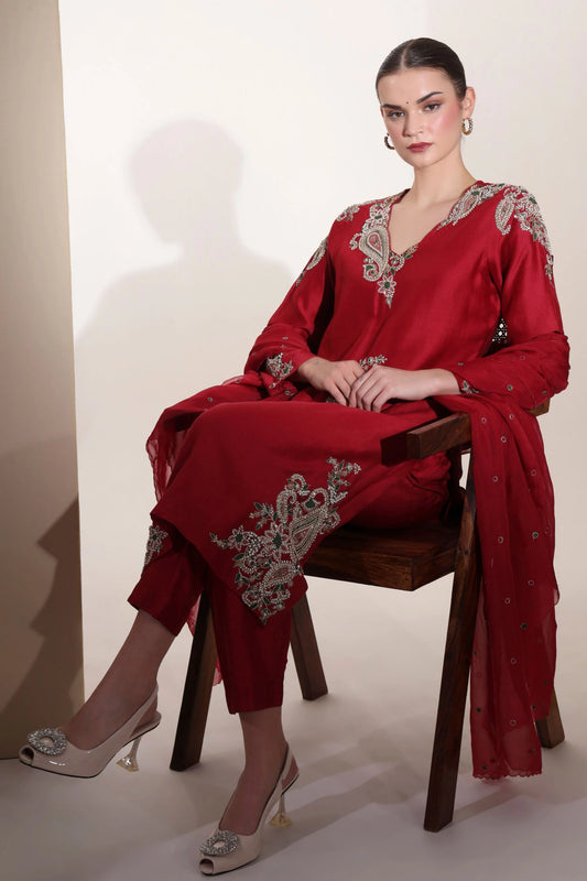 Red Pure Chanderi Silk Kurta Set With Hand Embroidery