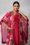 Fuchsia Off-shoulder Cape Set Featuring Handcrafted Thread And Pearl Embroidery