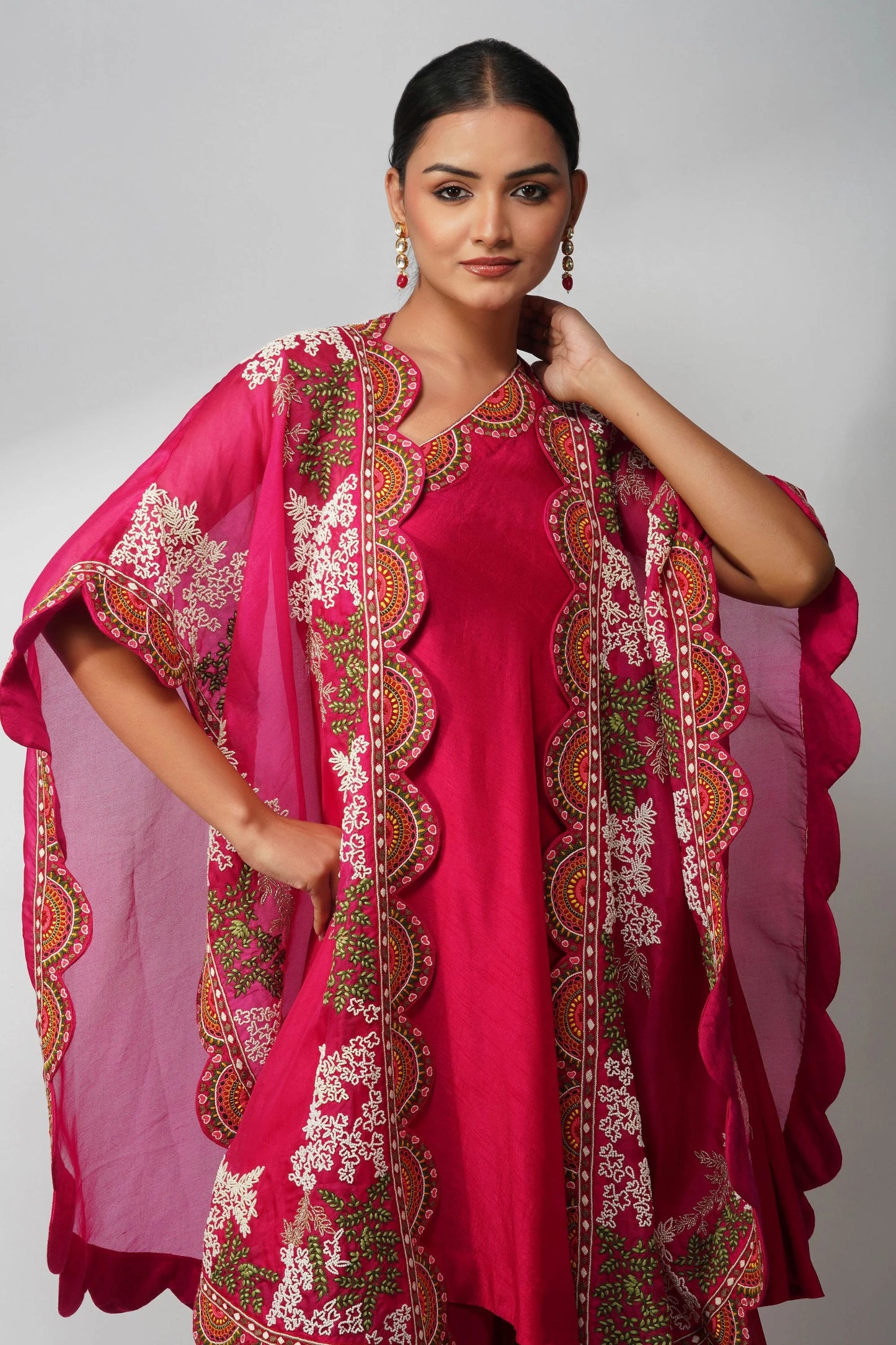 Fuchsia Off-shoulder Cape Set Featuring Handcrafted Thread And Pearl Embroidery