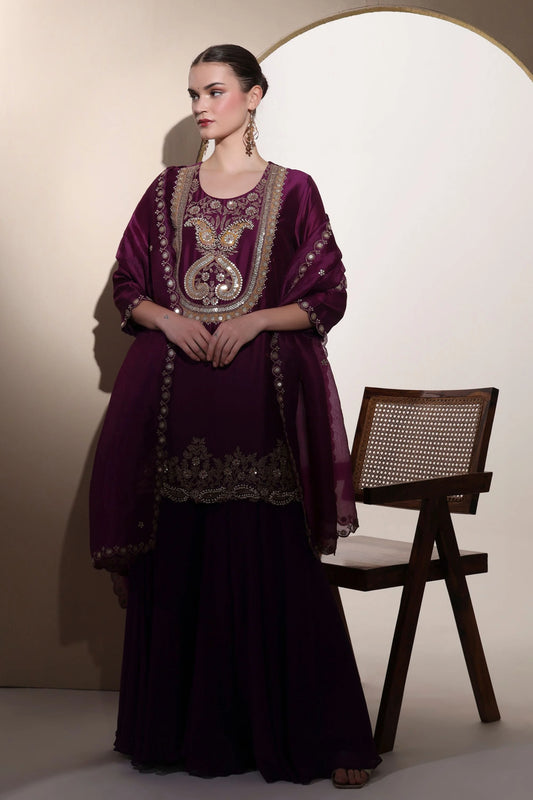 Wine Sharara Set With Zardozi Hand Embroidery And Patchwork Detailing