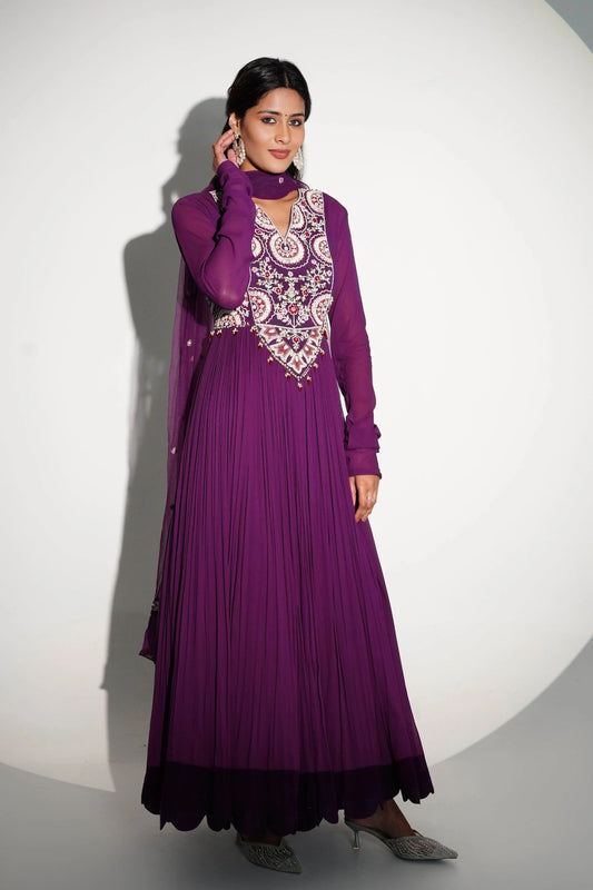 Elegant Long Anarkali In Olive Georgette With Patchwork And Hand Embroidery