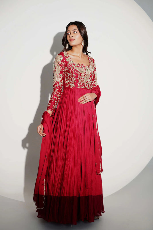 Flowy Coral Red Anarkali With A Crushed Skirt, Detailed With Patchwork And Hand Embroidery