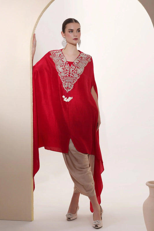 Red Pure Silk Kaftan Set With Zardozi Handwork,satin Harem Pants And Shell Hangings