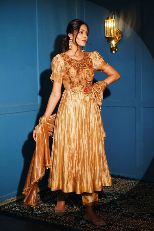A Chic Short Anarkali In Tissue Fabric With Gold Stripes And Zardozi Handwork