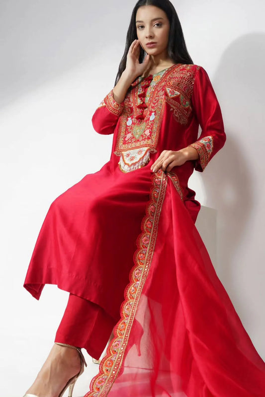 Pure Silk Red Kurta Set With Patchwork Detailing