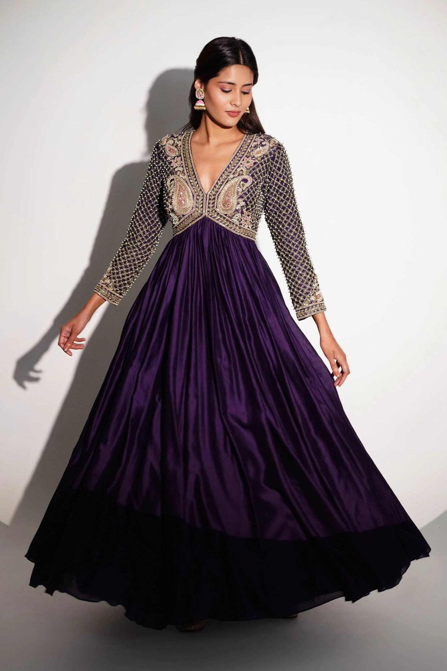 Pure Chanderi Silk Purple Anarkali With Patchwork And Hand Detailing