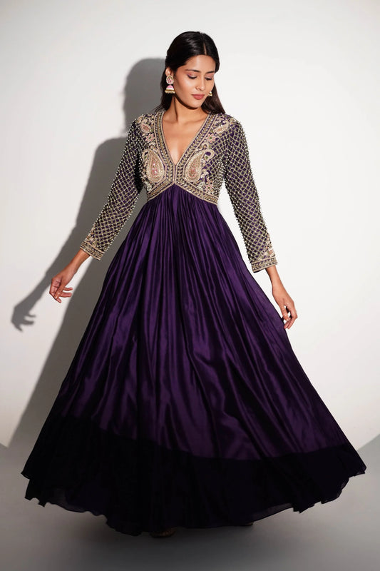 Pure Chanderi Silk Purple Anarkali With Patchwork And Hand Detailing