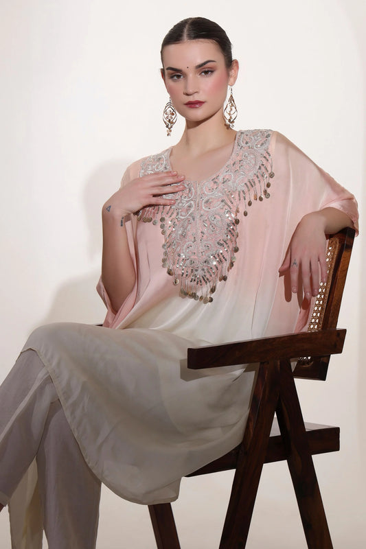 A Peach Ombre Kaftan Set With Zardozi Embroidery