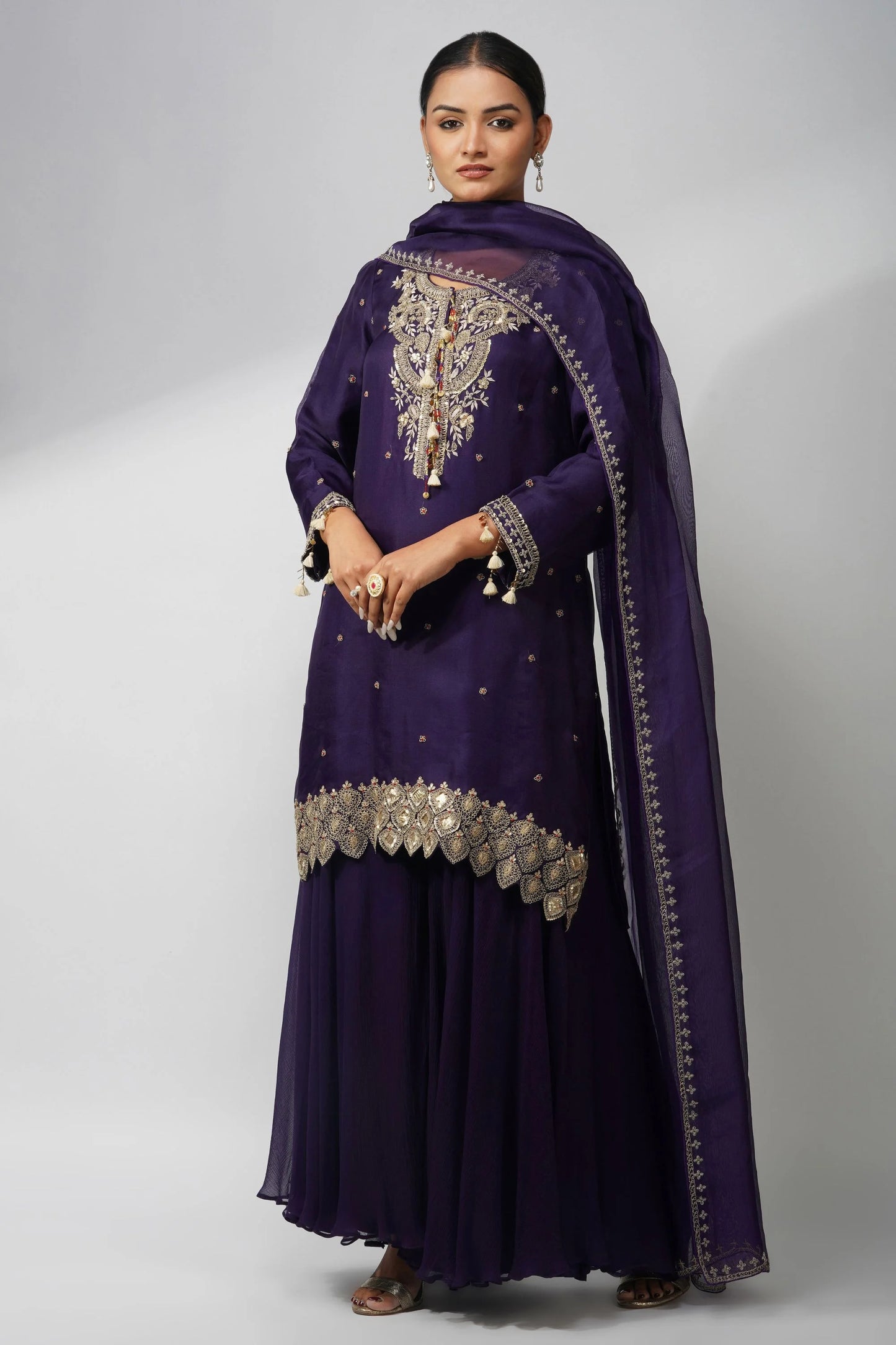 Pure Organza Purple Kurta Set With Zardozi Handwork