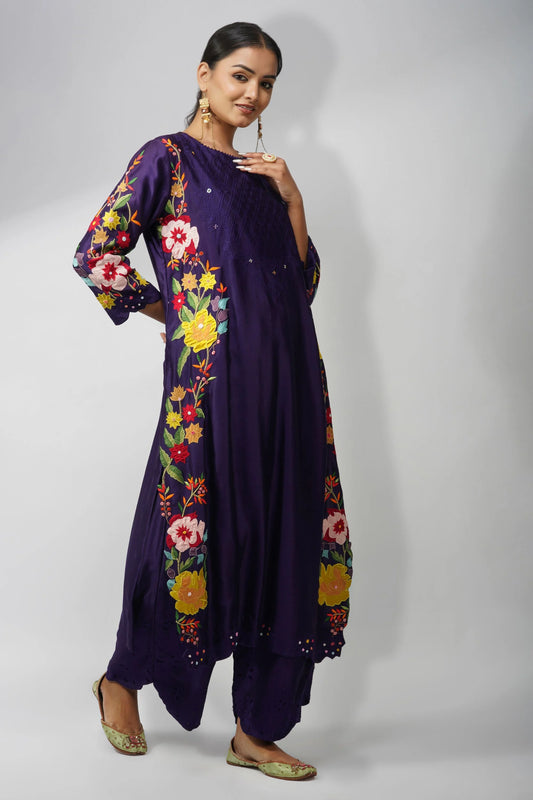 Floral Applique Purple Kurta In Pure Chanderi Silk
