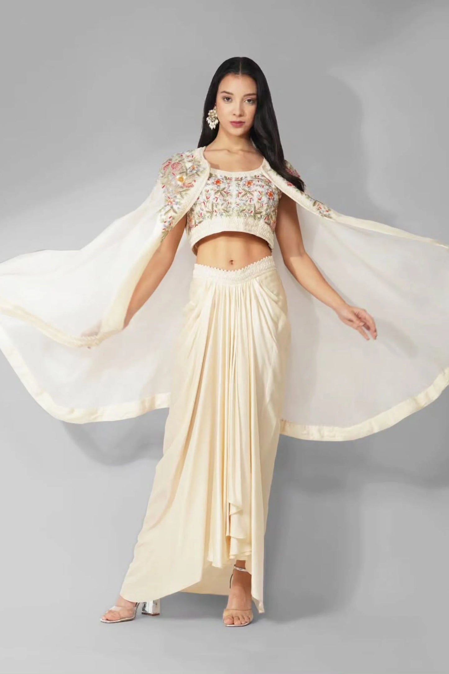 Resham Threadwork And Pearlwork Organza Cape Set With Drape Skirt