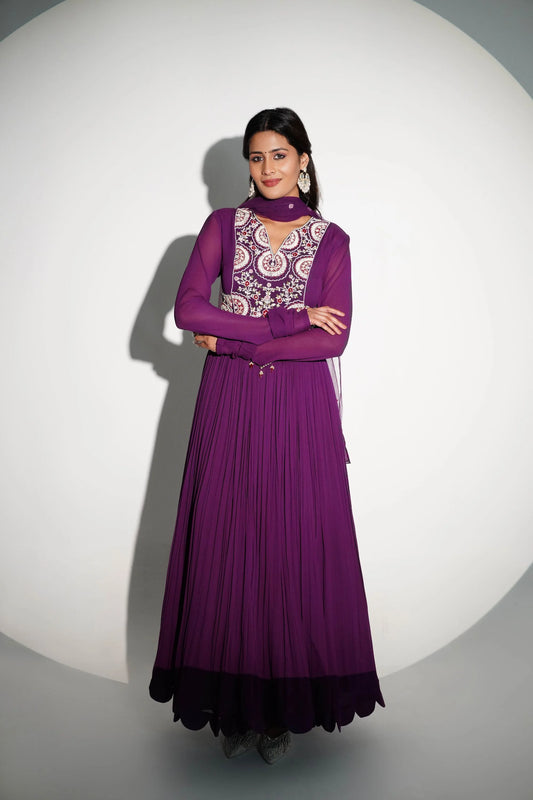 Elegant Long Anarkali In Olive Georgette With Patchwork And Hand Embroidery