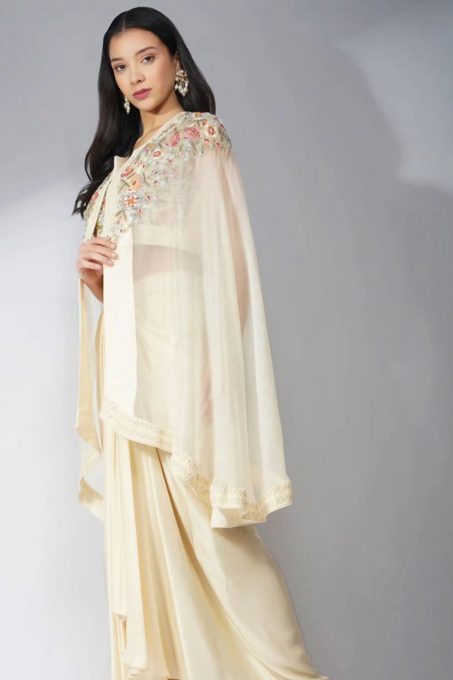 Resham Threadwork And Pearlwork Organza Cape Set With Drape Skirt