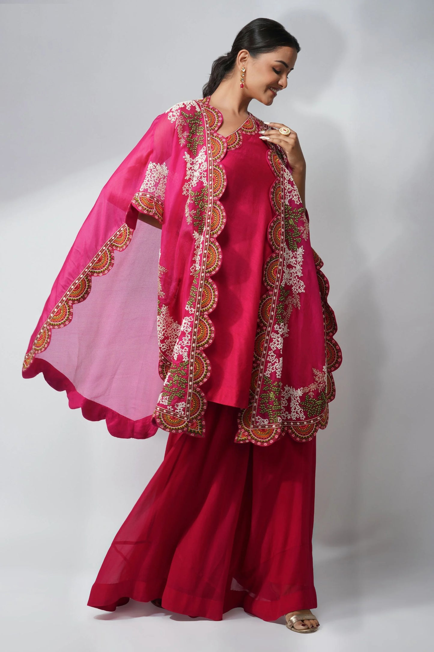 Fuchsia Off-shoulder Cape Set Featuring Handcrafted Thread And Pearl Embroidery