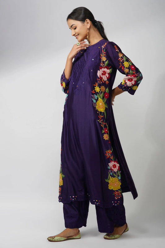 Floral Applique Purple Kurta In Pure Chanderi Silk
