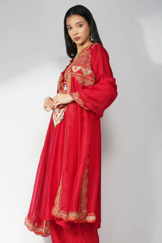 Pure Silk Red Kurta Set With Patchwork Detailing