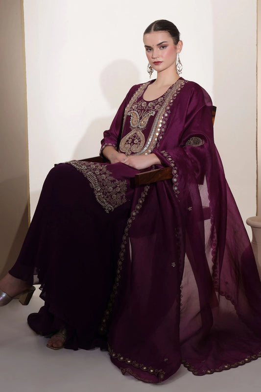 Wine Sharara Set With Zardozi Hand Embroidery And Patchwork Detailing