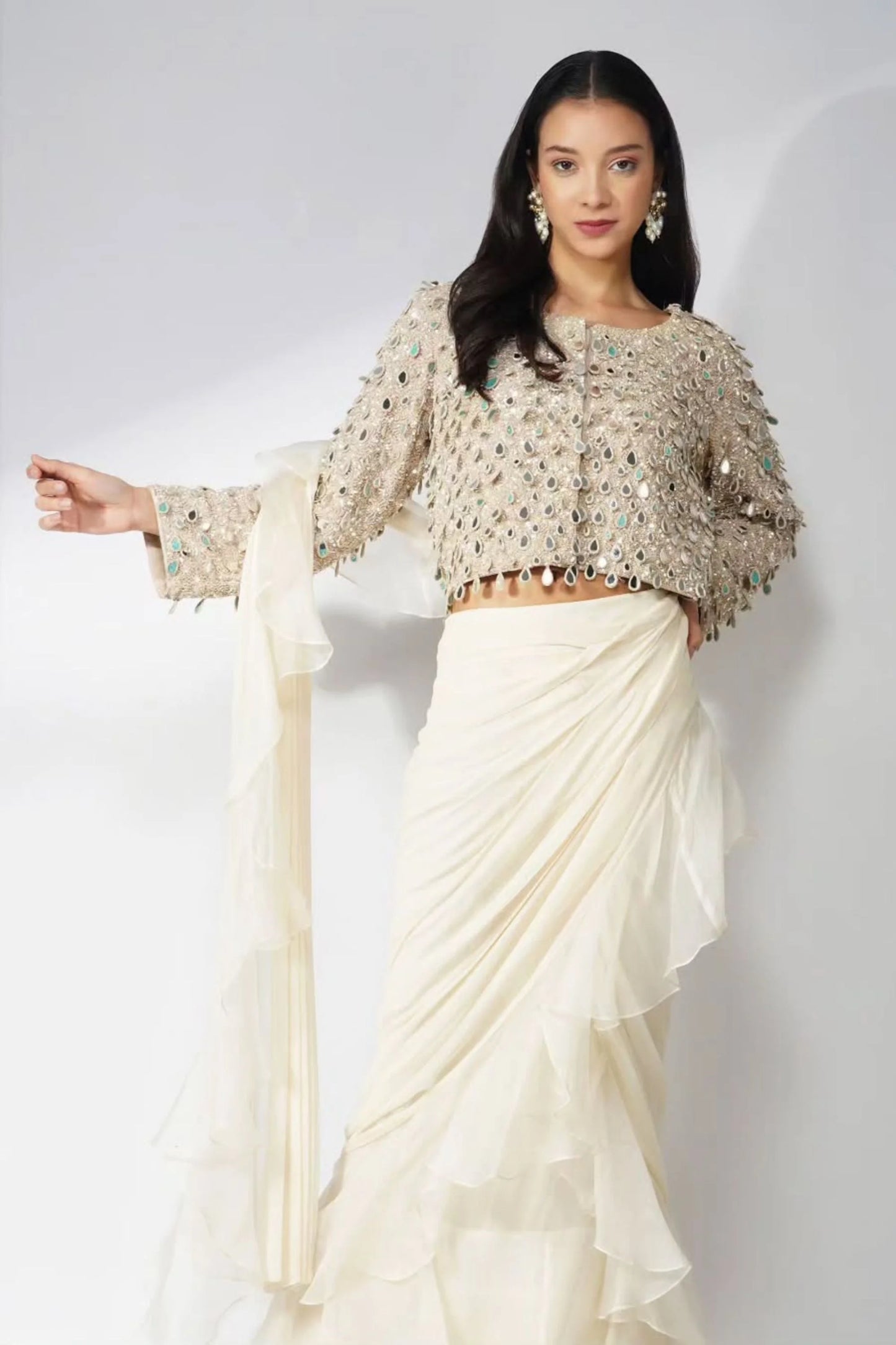 Drop Mirror Work Jacket With Drape Saree