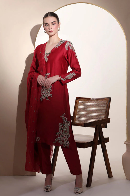 Red Pure Chanderi Silk Kurta Set With Hand Embroidery